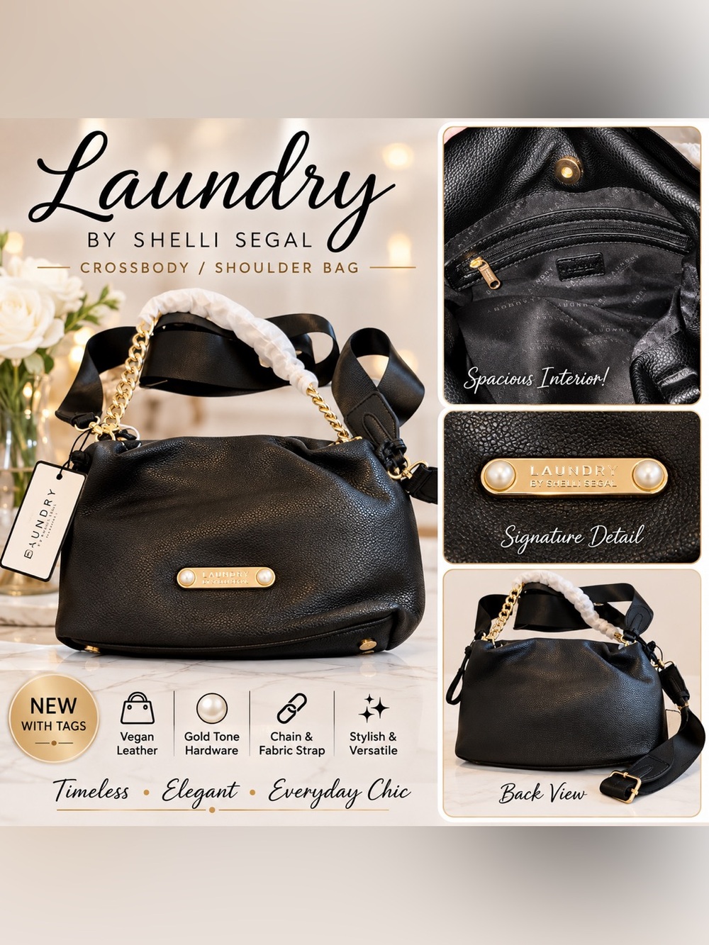 Laundry by Shelli Segal Black Crossbody Shoulder Bag with Gold Hardware
